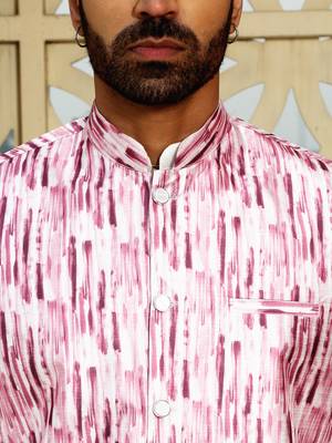 Silk blend solid cream kurta and churidar with tie-dye wine nehru jacket 2