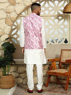 Silk blend solid cream kurta and churidar with tie-dye wine nehru jacket 3