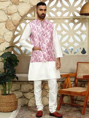 Silk blend solid cream kurta and churidar with tie-dye wine nehru jacket 4