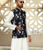 Silk blend solid cream kurta and churidar with floral wine nehru jacket