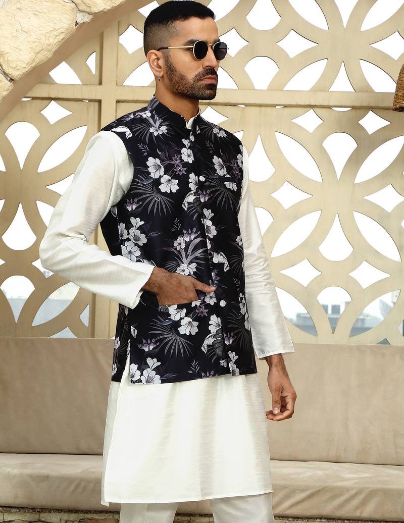 Silk blend solid cream kurta and churidar with floral wine nehru jacket
