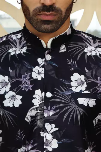 Silk blend solid cream kurta and churidar with floral wine nehru jacket