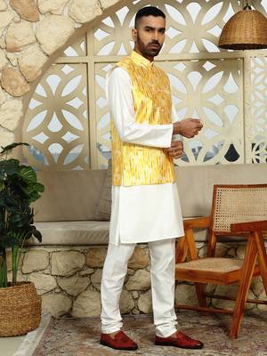 Silk blend solid cream kurta and churidar with tie-dye yellow nehru jacket 4
