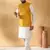 Silk blend cream kurta and churidar with jacquard geometric mustard nehru jacket