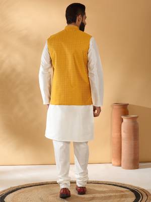 Silk blend cream kurta and churidar with jacquard geometric mustard nehru jacket 3
