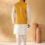 Silk blend cream kurta and churidar with jacquard geometric mustard nehru jacket