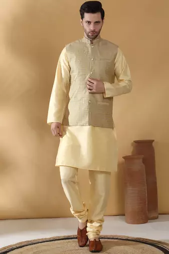 Silk blend beige kurta and churidar with jacquard geometric nehru jacket