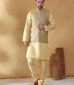 Silk blend beige kurta and churidar with jacquard geometric nehru jacket