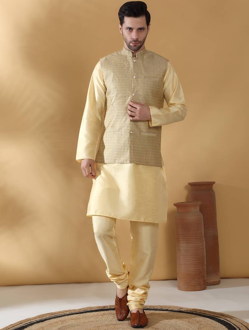Silk blend beige kurta and churidar with jacquard geometric nehru jacket