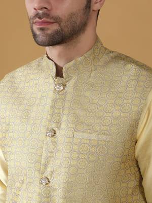 Silk blend beige kurta and churidar with jacquard geometric nehru jacket 2
