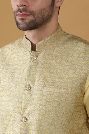 Silk blend beige kurta and churidar with jacquard geometric nehru jacket