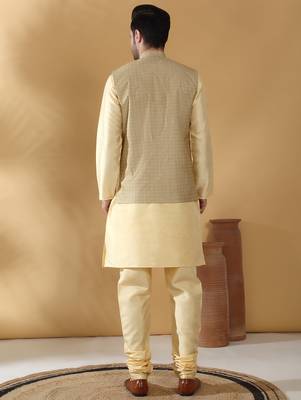 Silk blend beige kurta and churidar with jacquard geometric nehru jacket 3