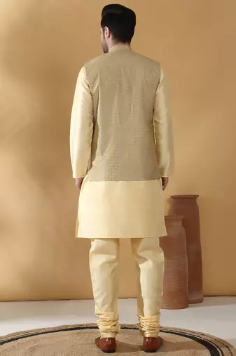 Silk blend beige kurta and churidar with jacquard geometric nehru jacket
