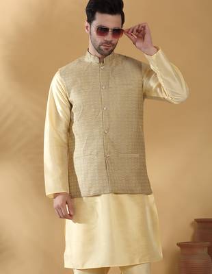 Silk blend beige kurta and churidar with jacquard geometric nehru jacket 4