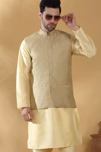 Silk blend beige kurta and churidar with jacquard geometric nehru jacket
