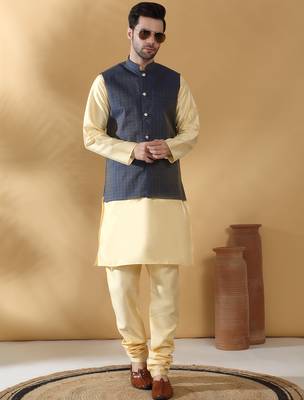 Silk blend beige kurta and churidar with jacquard geometric blue nehru jacket 1