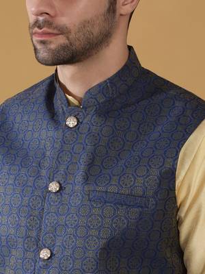Silk blend beige kurta and churidar with jacquard geometric blue nehru jacket 2