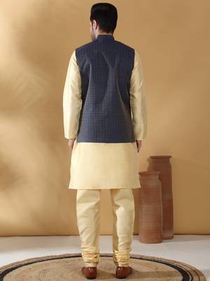 Silk blend beige kurta and churidar with jacquard geometric blue nehru jacket 3