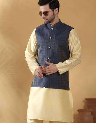 Silk blend beige kurta and churidar with jacquard geometric blue nehru jacket 4