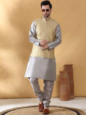 Silk blend grey kurta and churidar with jacquard geometric beige nehru jacket 1