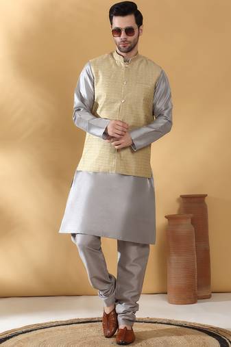 Silk blend grey kurta and churidar with jacquard geometric beige nehru jacket