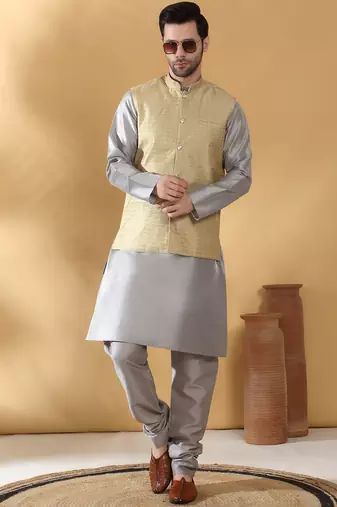 Silk blend grey kurta and churidar with jacquard geometric beige nehru jacket