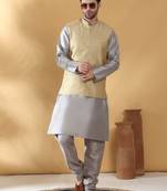 Silk blend grey kurta and churidar with jacquard geometric beige nehru jacket
