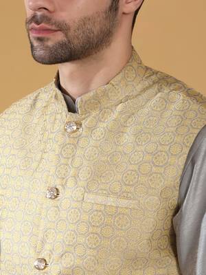 Silk blend grey kurta and churidar with jacquard geometric beige nehru jacket 2