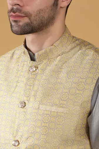 Silk blend grey kurta and churidar with jacquard geometric beige nehru jacket