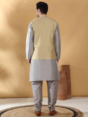 Silk blend grey kurta and churidar with jacquard geometric beige nehru jacket 3