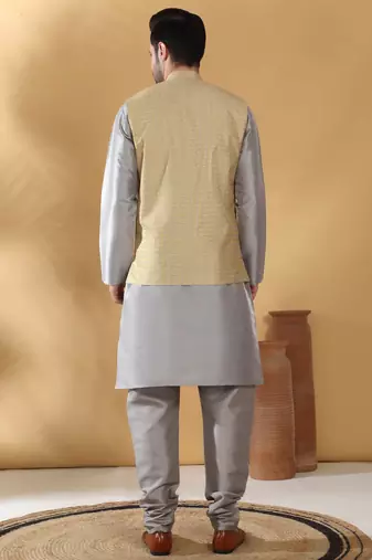 Silk blend grey kurta and churidar with jacquard geometric beige nehru jacket