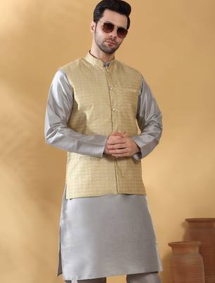 Silk blend grey kurta and churidar with jacquard geometric beige nehru jacket 4