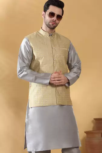 Silk blend grey kurta and churidar with jacquard geometric beige nehru jacket