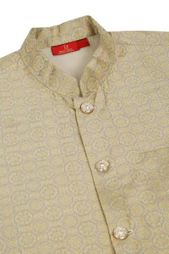 Silk blend grey kurta and churidar with jacquard geometric beige nehru jacket