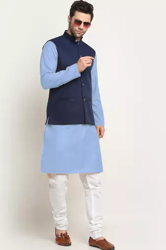 Cotton sky blue kurta and pyjama with twill blue nehru jacket