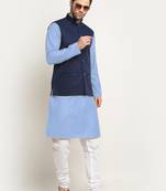 Cotton sky blue kurta and pyjama with twill blue nehru jacket