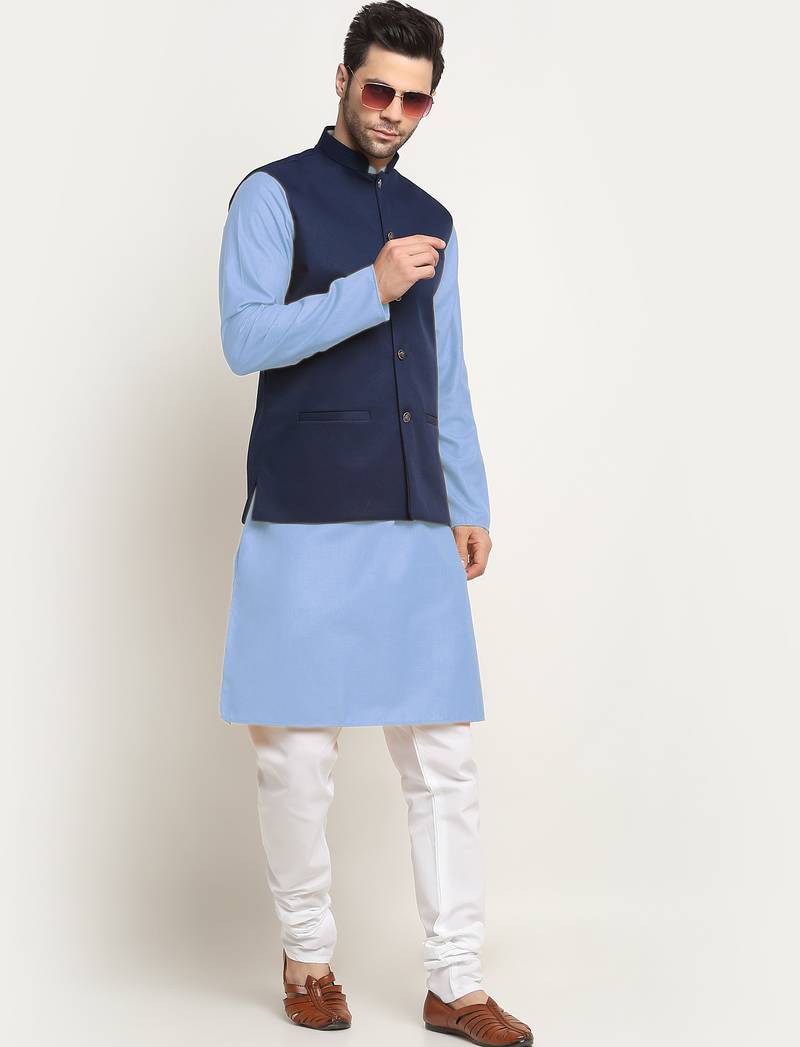 Cotton sky blue kurta and pyjama with twill blue nehru jacket