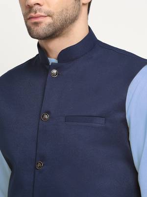 Cotton sky blue kurta and pyjama with twill blue nehru jacket 2