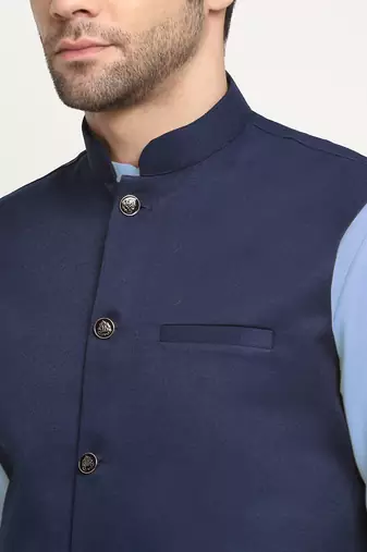 Cotton sky blue kurta and pyjama with twill blue nehru jacket