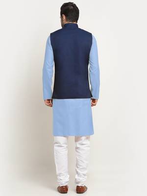 Cotton sky blue kurta and pyjama with twill blue nehru jacket 3