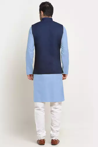 Cotton sky blue kurta and pyjama with twill blue nehru jacket