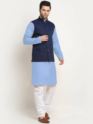 Cotton sky blue kurta and pyjama with twill blue nehru jacket 4