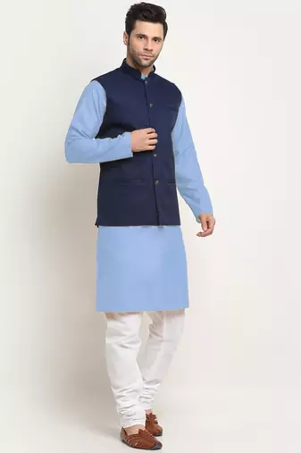 Cotton sky blue kurta and pyjama with twill blue nehru jacket