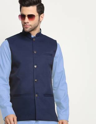 Cotton sky blue kurta and pyjama with twill blue nehru jacket 5