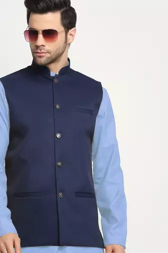 Cotton sky blue kurta and pyjama with twill blue nehru jacket