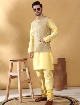 Silk blend yellow kurta and churidar with jacquard geometric beige nehru jacket 1