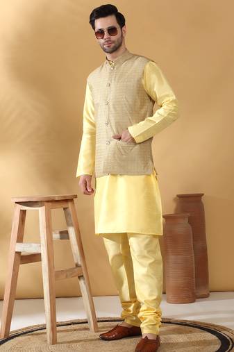Silk blend yellow kurta and churidar with jacquard geometric beige nehru jacket