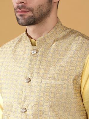 Silk blend yellow kurta and churidar with jacquard geometric beige nehru jacket 2