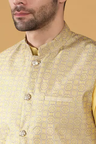 Silk blend yellow kurta and churidar with jacquard geometric beige nehru jacket