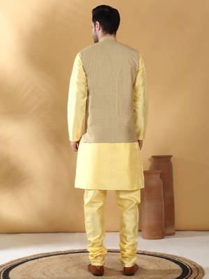 Silk blend yellow kurta and churidar with jacquard geometric beige nehru jacket 3